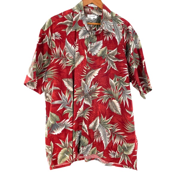 Pierre Cardin 100% Cotton Aloha Shirt in Red & Gray Tropical Plant Print in XLT - Picture 2 of 11